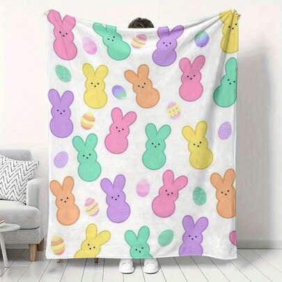 1pc Easter Bunny Print Flannel Throw Blanket - Soft, Cozy, And Lightweight Multi-Color Design With Colorful Easter Eggs And Bunnies - Perfect For Holiday Gifting, Sofa, Or Bed Decor - Available In Multiple Sizes, Holiday Throw | Playful Pattern | Soft Texture, Easter, Soft Flannel Blanket - Multiple Sizes, Cozy Must-Have
