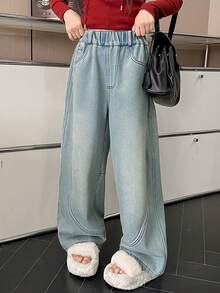 Tween Girls' Elastic Waist Wide Leg Loose Casual Versatile Jeans - Blue - View 2