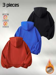 Haut en coton pour homme, sweat-shirt à épaules tombantes pour homme, sweat-shirt à capuche épais et chaud, ample, idéal pour l'automne et l'hiver, adapté aux températures froides, ensemble multicouche. - Noir + Rouge + Bleu - Voir 2