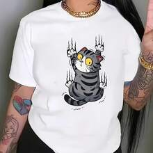 Camiseta deportiva informal para mujer con estampado de gato de dibujos animados, cómoda, de cuello redondo y manga corta.220g WoM-en's 100% Cotton T-Shirt - Feminine and Comfortable FiT-Suitable for all people, whether woM-en or M-enhigh-quality durable fabric suitable for all seans,ft to the touch but built to lastBreathabletops woM.en fall outfiT.S for woM.en vaC.Ation outfiT.S woM.en halloween costume - Blanco - Ver 1