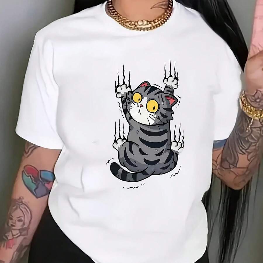 Camiseta deportiva informal para mujer con estampado de gato de dibujos animados, cómoda, de cuello redondo y manga corta.220g WoM-en's 100% Cotton T-Shirt - Feminine and Comfortable FiT-Suitable for all people, whether woM-en or M-enhigh-quality durable fabric suitable for all seans,ft to the touch but built to lastBreathabletops woM.en fall outfiT.S for woM.en vaC.Ation outfiT.S woM.en halloween costume - Blanco - Ver 1