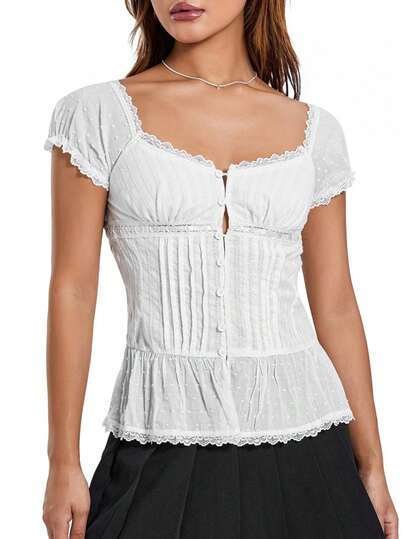 Women's Button Down T-Shirts Short Sleeve Sweetheart Neck Lace Trim Tops Summer Shirts