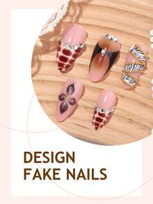 法式豹纹亚克力美甲贴片 24片装 Kpop 中号杏仁形按压式美甲贴片，金属光泽 DIY 棕色和粉色 3D 立体美甲套装，饰有花朵/金链/钻石配件，适合美甲沙龙使用，是女孩和女士日常佩戴、节日派对和新年礼物的理想之选。 - 彩色 - 查看 3