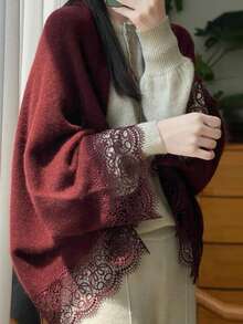 1pc Women 100% Merino Wool Poncho, Turtleneck Loose Knit Wrap Scarf, Asymmetrical Oversized Cape Shawl For Dress