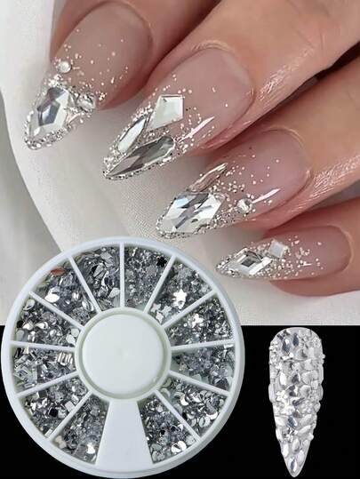 1盒水晶透明美甲水钻，心形、月亮、星星、花朵、蝴蝶宝石，平底钻石饰品，DIY美甲饰品，美甲装饰配件