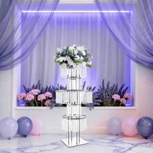 43.3in Tall Wedding Gold Crystal Flower Stand, Square Pedestal Stand, Crystal Flower Rack, Silver Vases Centerpieces Crystal Flower Stand With Hanging Crystals, 5-Tier Square Chandelier Pedestal Stand For Wedding Road Lead T Stage Flower Arrangement Decoration - 銀色 - 查看 9