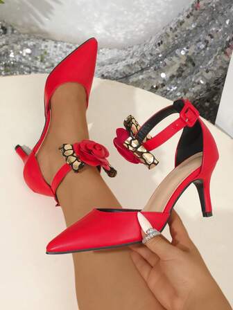 Röda Eleganta Blommiga Enrem Spetsig Tå Ihåliga Högklackade Sandaler För Dam