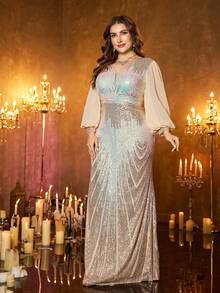 XUIBOL Plus Size V-Neck Sequin & Ruched Waist Lantern Sleeve Chiffon Evening Dress, Elegant For Parties, Weddings, Formal Occasions, Bridal, Birthday, Graduation And More - Champagne - View 2