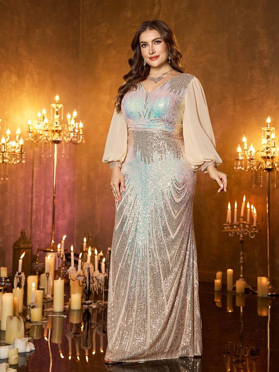 XUIBOL Plus Size V-Neck Sequin & Ruched Waist Lantern Sleeve Chiffon Evening Dress, Elegant For Parties, Weddings, Formal Occasions, Bridal, Birthday, Graduation And More