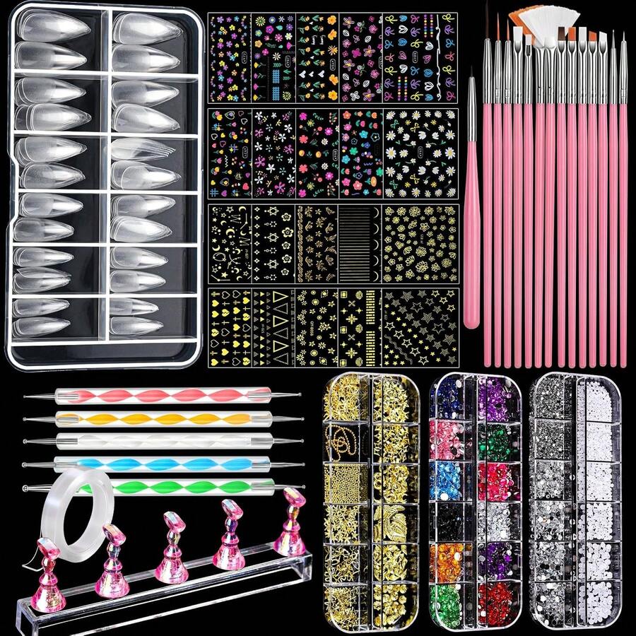 Nail Art Brushes, Nail Art Kit With Nail Art Brush, Dotting Tools, Nail Rhinestones Pearls, Nail Charms And Gems, Nail Stickers For Decals, Nail Stand For Press On, Nail Design Kits - 熒光色 - 查看 1
