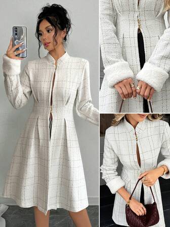 Doriss 高端立领镂空金色搭扣收腰西装外套，Kendall 风格，纯色，秋季女装，返校季，外出上衣，白色派对活动，老钱风格，宫廷风格，新年装扮