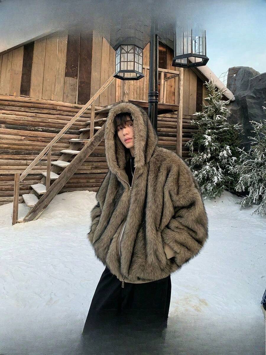 2025 Autumn & Winter New Men's  Fox Faux Fur Coat - Fashionable Thickened Warm Fur Jacket - màu đen - Xem 1