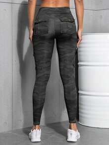 3pcs Women's Outdoor Cargo Pockets Skinny Pants, Washed & Camouflage Print High Waist Tight Leggings For Sports, Casual, Fitness