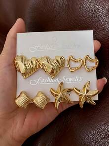 4-8pcs Gold-Tone Women Earrings Set, Hollow + Vertical Stripe Heart, Delicate Starfish + Crescent Moon Shaped. Fashionable & Unique, Suitable For Travel, Party, Work Commute - Gold - View 1