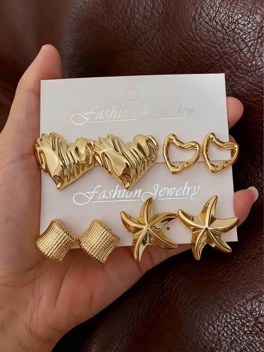 4-8pcs Gold-Tone Women Earrings Set, Hollow + Vertical Stripe Heart, Delicate Starfish + Crescent Moon Shaped. Fashionable & Unique, Suitable For Travel, Party, Work Commute - Gold - View 1