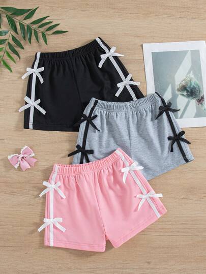 3pcs/Set Girls Casual Solid Color Elastic Waist Shorts With Bow Tie Decor, Summer