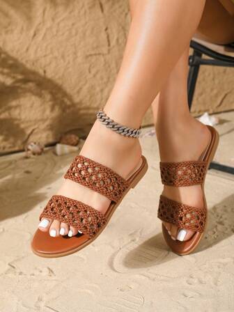 Open Toe Flat Sandals For Women, New Summer Hollow Mesh Woven Slip-On Slippers, Minimalist Round Toe One-Piece Woven Hollow Sandals, Versatile Slip-On Sandals Suitable For Daily Wear, Commuting, Beach, Vacation, Brown