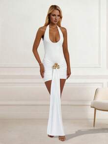 Elegant Sleeveless Square Neck White Knitted Cocktail Dress With Rhinestone Detail Short Party Pencil Dress For Women - White - View 7