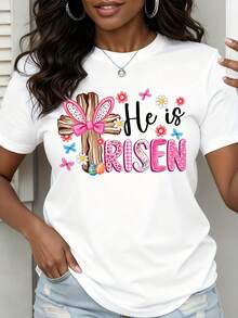 He Is Risen Easter Cross Bunny Ears Floral Design Christian Women's T-Shirt - trắng - Xem 1