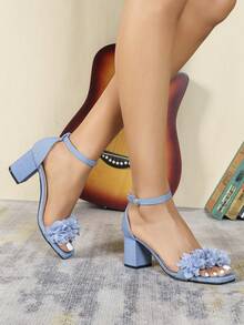 3D Floral Square Toe Women's Shoes, 2.56 Inch Heel Height, Spring/Summer New Elegant Vacation Style Light Blue Summer High Heel Sandals, Suitable For Outdoor Wear, Wedding Bride High Heels, Party Mid Chunky Heel High Heels, Fashionable High-End Women's Heeled Sandals, Shallow Brown Backstrap Ladies' High Heel Shoes - Baby Blue - View 6
