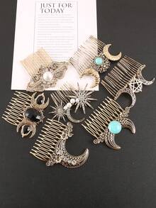 مشبك شعر معدني عتيق بطراز باروك مزين بنجمة وقمر من البلور، دبوس تسريحة الشعر، إكسسوارات تصفيف الشعر