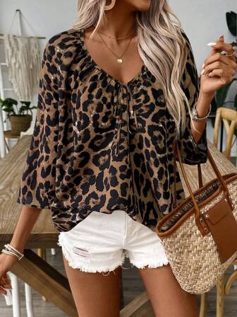 Keke Bloomly 圣诞新款时尚百搭豹纹吊带装饰女式衬衫，秋季