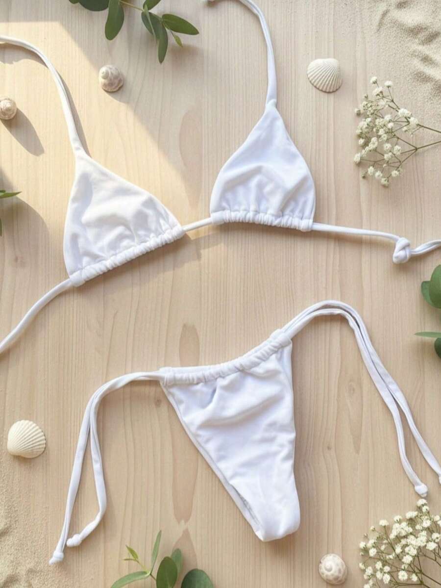 Adjustable Triangle Bikini With UV Protection, Stylish Tie-Up Style, Beach, And Vacation Details. - White - View 1
