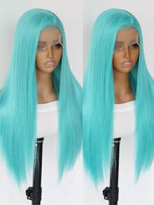 Turquoise Blue Long Straight Lace Front Synthetic Wig, 24 Inch Heat Friendly Hair, 13x4 HD Lace, Pre-Plucked Hairline - 薄荷藍 - 查看 5