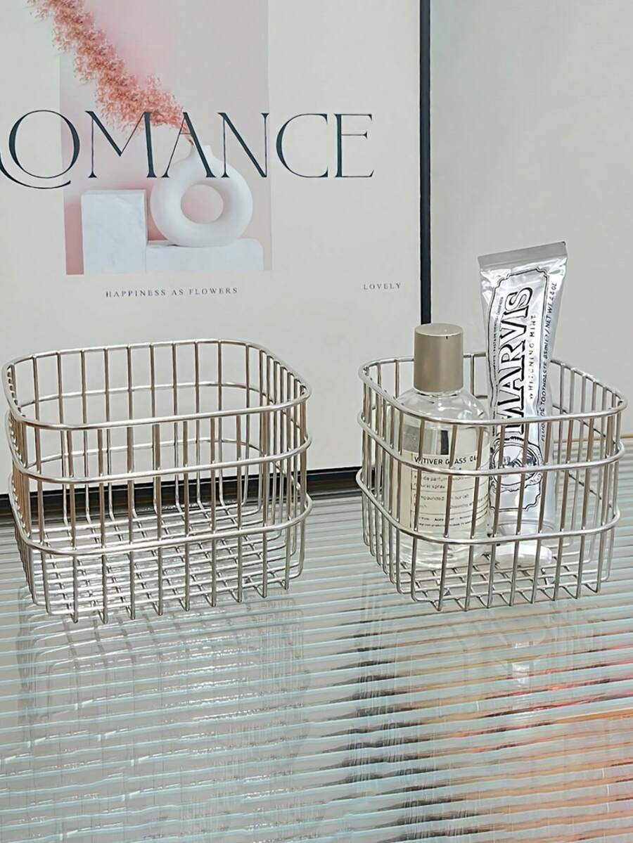 不锈钢方形金属收纳篮，家用桌面杂物收纳篮，化妆品整理篮，置物架收纳篮，桌面铅笔收纳篮，浴室收纳篮，多功能收纳篮，母亲节礼物，置物架收纳篮