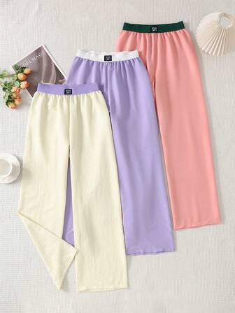 3 piezas Conjunto de pijama con pantalones de bloqueo de color para mujer, pantalones de estar por casa casuales