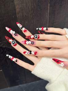 10片Y2K辣妹手工亚克力按压式美甲贴片，3D扑克牌、爱心、星星、蝴蝶结和“爱”字图案，金属配件，长款尖头假指甲，情人节美甲，音乐节美甲，DIY美甲用品，可重复使用，附赠果冻胶和指甲锉 - 玫瑰紅 - 查看 3