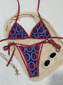 [سلسلة الفاخرة] طقم بكيني بطباعة فنية بتباين اللون الأحمر والأزرق، ملابس سباحة فاخرة بطراز منتجع راقي