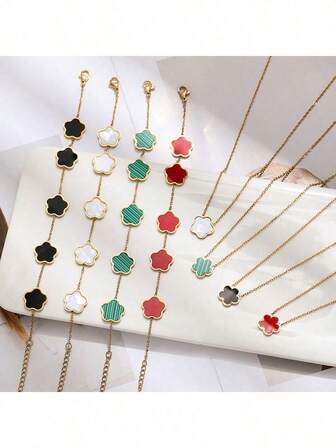 2Pcs This Fashionable And Versatile Stainless Steel 18K Gold-Plated Lucky Clover Petal Flower Necklace, Bracelet And Jewelry Set Is Suitable For Ladies To Wear On Daily Occasions, Festivals And Weddings