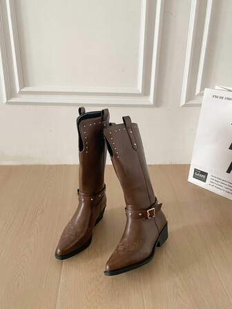 Women's Patent Leather Retro Embroidery Texture Leather Boots, Autumn And Winter Thick-Soled Pointed Knee-High Boots, Rivets, Buckles, Western-Style Boots