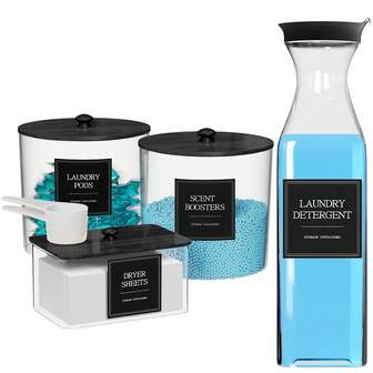3+1 Pack Laundry Pods Containers & Dryer Sheet Holder & Laundry Detergent Dispenser, Laundry Room Organization And Storage Jars With Lids, Labels And Scoops For Scent Booster, Powder, Pods