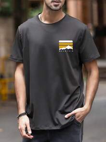 Men's Crew Neck Short Sleeve Printed Casual Top, Everyday Wear Tee - Dark Grey - View 3