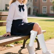 3 Pairs Girls' Knee-Length Sheer Color-Striped Bow Long Stockings For Spring And Autumn, Comfortable And Versatile For Children - Multicolor - View 5