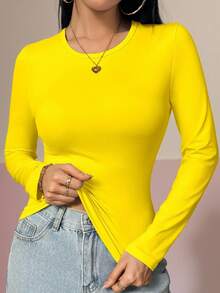 Damen Langarm T-Shirt mit hoher Elastizität und schlanker Passform, rundem Ausschnitt, minimalistischer Stil, geeignet für Frühling, Herbst und Winter, kann für Abendausgang/Urlaub/Alltag/Büro/Zuhause/Straße/Reise/Brunch getragen werden, Lässig/Minimalistisch/Y2K/Elegant/Sexy/Straße/Niedlich/Chic, Herbst/Winter Damenkleidung, Halloween Damenoutfit, Weihnachten Damenoutfit, Lehreroutfit, Oberbekleidung, Date Outfit, Basic Top, Koreanischer Stil - Gelb - Übersicht 1