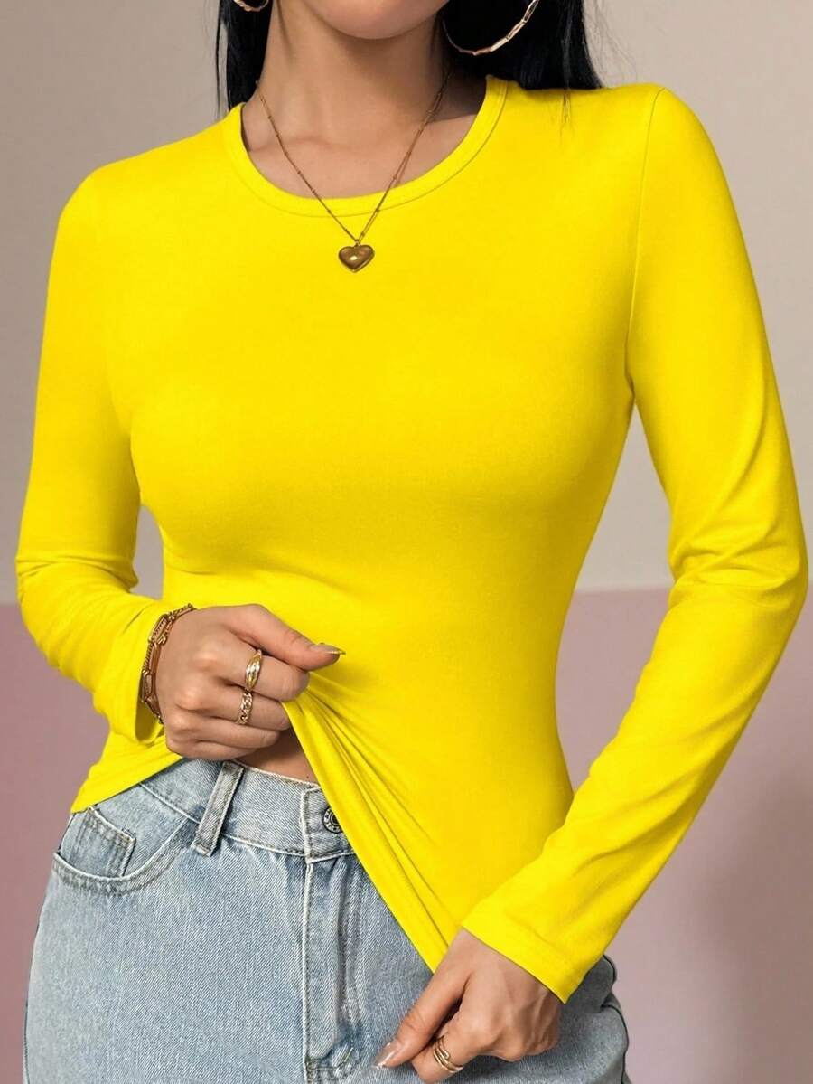 Damen Langarm T-Shirt mit hoher Elastizität und schlanker Passform, rundem Ausschnitt, minimalistischer Stil, geeignet für Frühling, Herbst und Winter, kann für Abendausgang/Urlaub/Alltag/Büro/Zuhause/Straße/Reise/Brunch getragen werden, Lässig/Minimalistisch/Y2K/Elegant/Sexy/Straße/Niedlich/Chic, Herbst/Winter Damenkleidung, Halloween Damenoutfit, Weihnachten Damenoutfit, Lehreroutfit, Oberbekleidung, Date Outfit, Basic Top, Koreanischer Stil - Gelb - Übersicht 1
