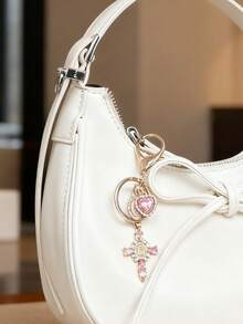 1pc Charm Keychain With Cross,Pearl And Diamonds - Cross Keychain,Bag Charm,Cross Pendant,Decorative Wallet Backpack Accessories, Earphone Bag Accessories, Ring Buckle Decorative Keychain For Luggage And Cars - Single Piece Accessory With Pearl And Diamonds And Romantic Elements