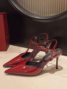 2026 Spring/Summer New Burgundy High Heels Women, French Toe Box Patent Leather Bowknot Backstrap Thin Heels, Fashion Commuting Party Versatile Low Vamp Pumps Pair With Dress, Elegant High Heels - Burgundy - View 3