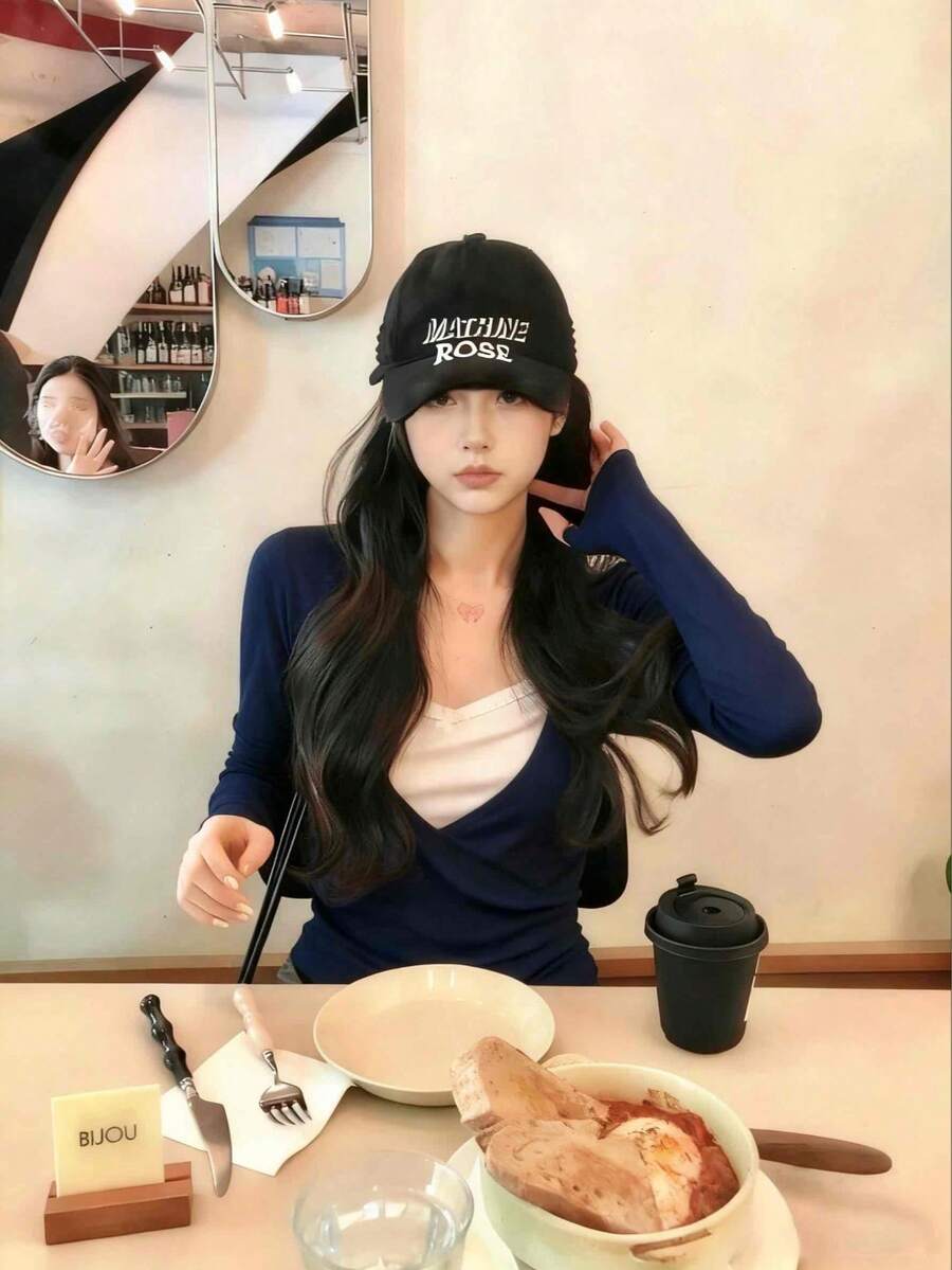 优雅V领蝴蝶结蕾丝二合一T恤，修身款，女士秋冬打底衫 - 藏蓝色 - 查看 1