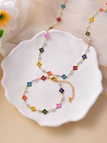 2pcs/Set Fashionable Sweet Copper-Inlaid Zirconia Oil Drop Flower Four-Leaf Clover Pearl Bracelet And Necklace Women's Jewelry Gift Elegant For Daily Wear, Gatherings, Holidays, Dates, Parties Versatile Accessory Set(Four-Leaf Clover Color Is Random) - Hollow Four-leaf Clover Set - View 14