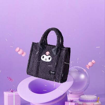 Miniso Sanrio Kuromi Tote Handbag, Lamb Wool Material, 3D Devil Horns Detail, Daily Commute & Shopping, Cute Large-Capacity Bag (1 PC)