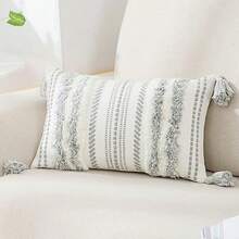 Lumbar Boho - Funda de almohada decorativa con borlas para cama de granja tejido neutro color gris - Crema GrisyBlanco - Ver 1