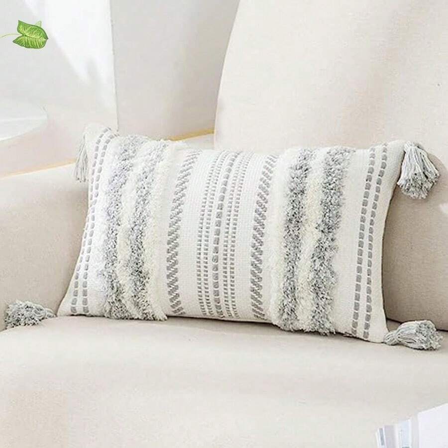Lumbar Boho - Funda de almohada decorativa con borlas para cama de granja tejido neutro color gris - Crema GrisyBlanco - Ver 1