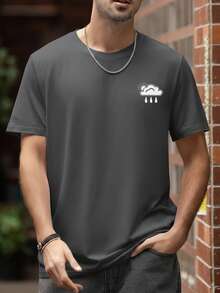 男士云朵印花落肩短袖圆领简约 T 恤，休闲日常穿着 - 深灰色 - 查看 3