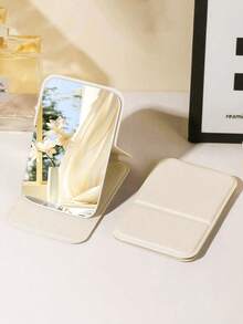 1pc Foldable Makeup Mirror With Desktop Stand, Suitable For Travel, Vanity, Room Decor, Dorm, Beauty Gift (Rectangular) - White - View 12