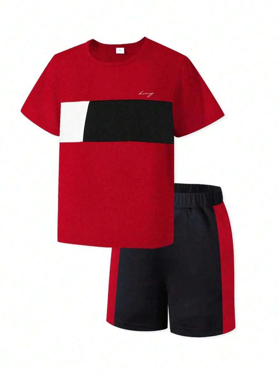 青少年男孩休閒套裝，圓領短袖T恤和運動短褲兩件套裝，三色拼接設計