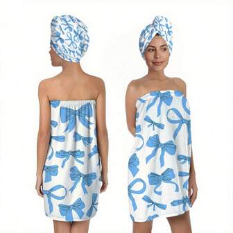 1/2 st alla hjärtans dag, par och bröllop, badrock med spetsrosett, söt tjejig stil, badhandduk, skönhets-spa-handduk. Badrocken är formad som en axelbandslös klänning, med en mjuk och mysig badrock. Klänningens framsida är dekorerad med en 3D-rosa rosett, med en övergripande rosa och iögonfallande ton. Handduks- och hårtorksset - söt rosa badhandduk av ultrafin fiber, justerbar rem - snabbtorkande, lämplig för spa, studenthem, stranden och andra tillfällen, en utmärkt present till henne.